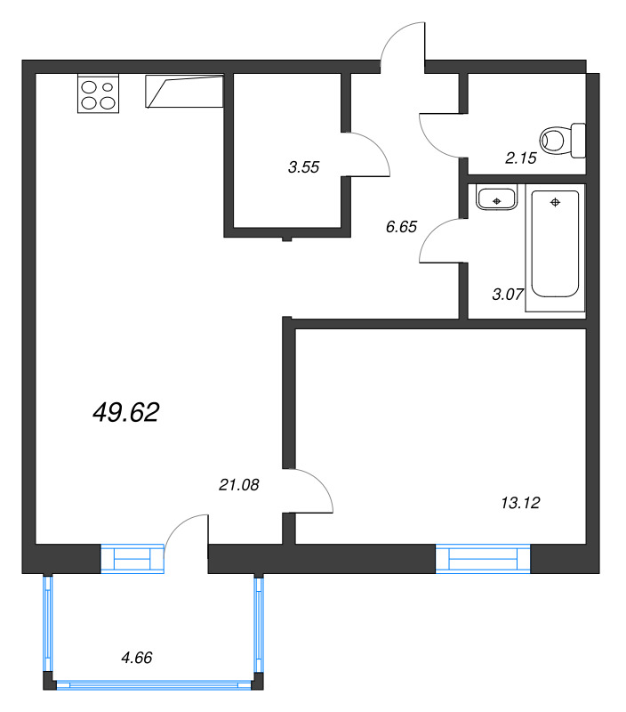 2-комнатная (Евро) квартира, 50 м² - планировка, фото №1