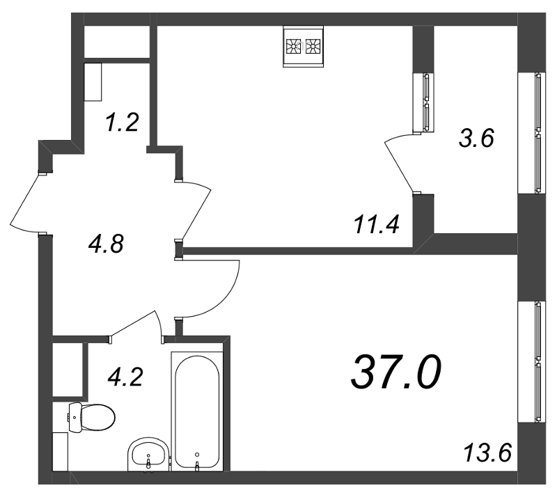 1-комнатная квартира, 36.9 м² - планировка, фото №1