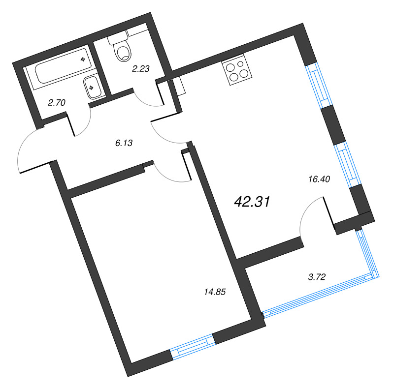 2-комнатная (Евро) квартира, 42.31 м² в ЖК "ПАТИО. Уютный квартал" - планировка, фото №1