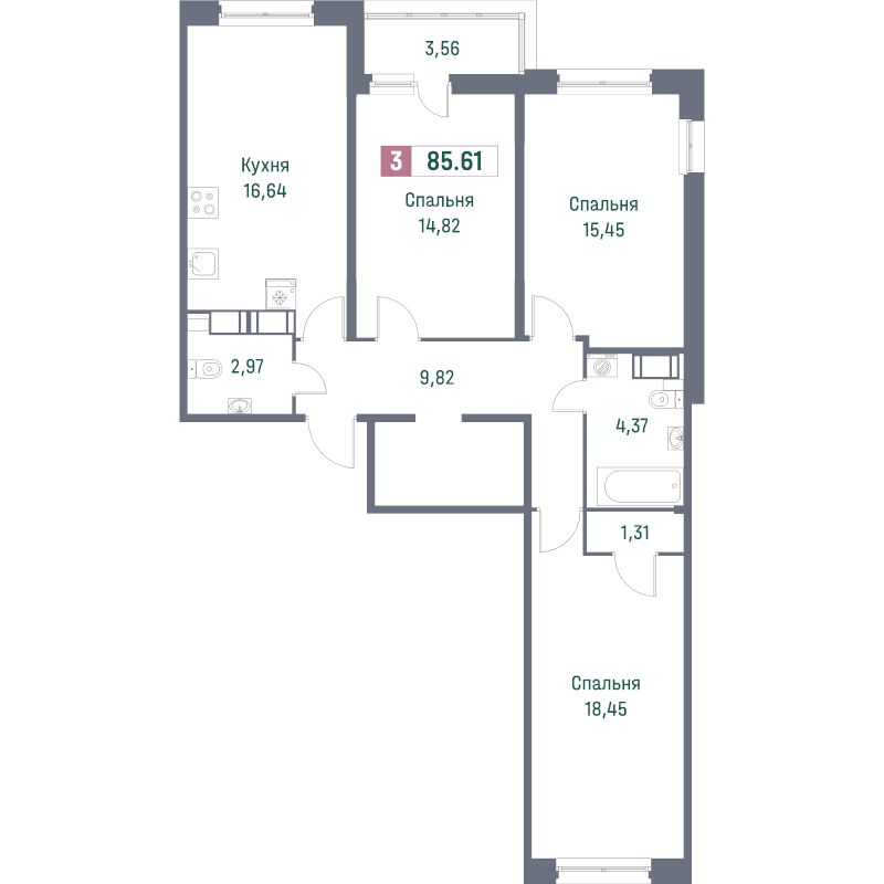 4-комнатная (Евро) квартира, 85.61 м² в ЖК "Фотограф" - планировка, фото №1