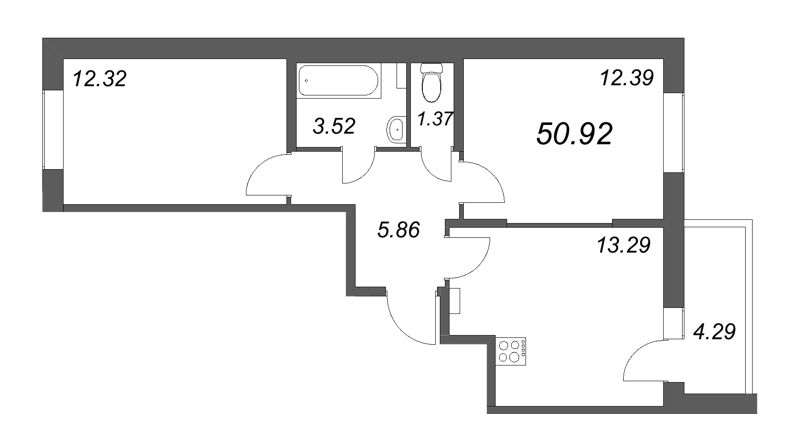 2-комнатная квартира, 50.92 м² - планировка, фото №1