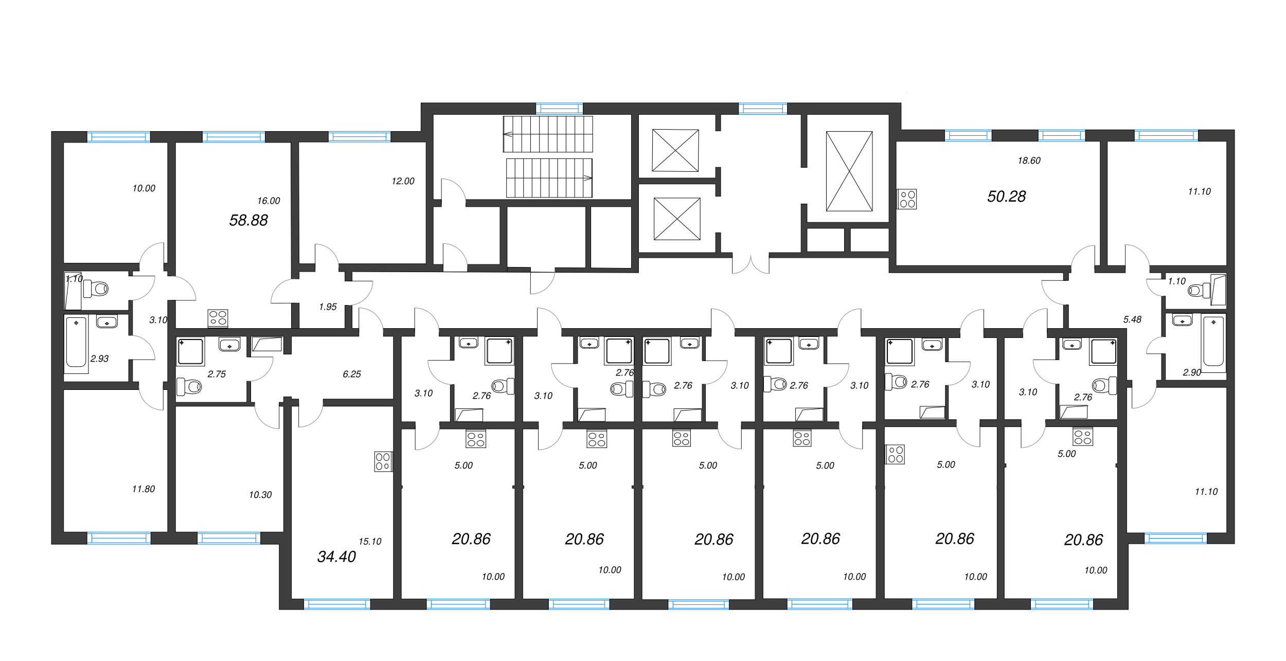 4-комнатная (Евро) квартира, 58.88 м² в ЖК "Ручьи" - планировка этажа