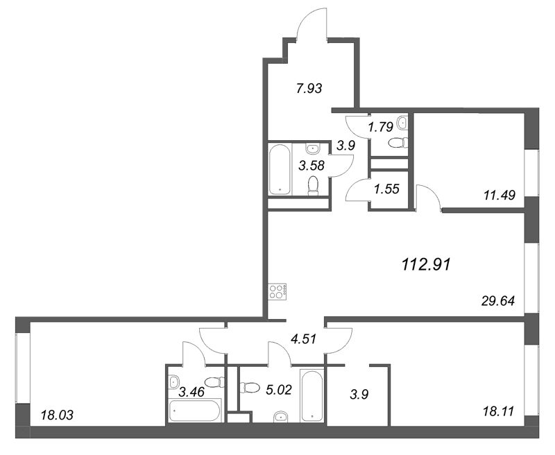4-комнатная (Евро) квартира, 112.91 м² в ЖК "Avant" - планировка, фото №1