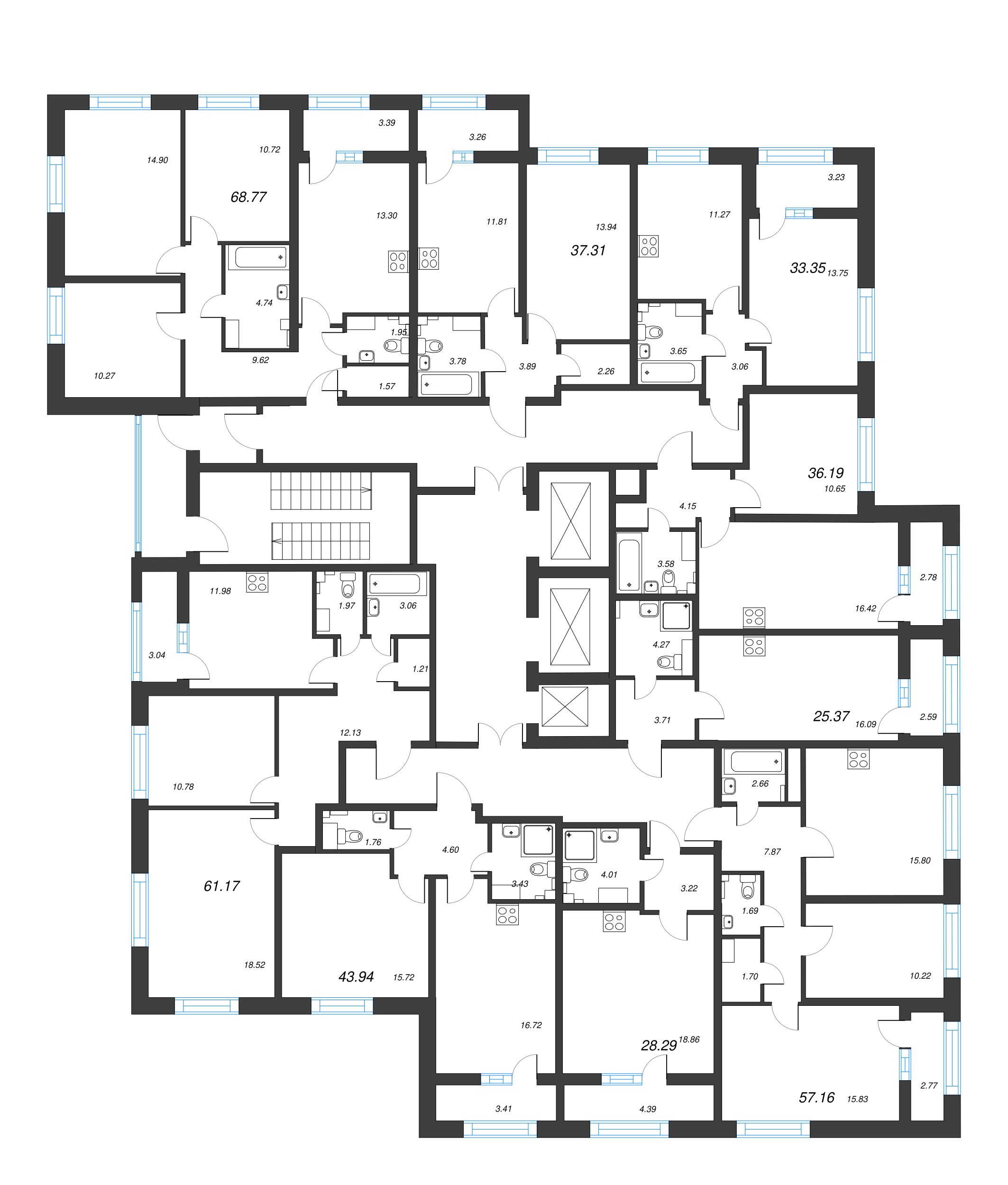 2-комнатная (Евро) квартира, 43.94 м² - планировка этажа