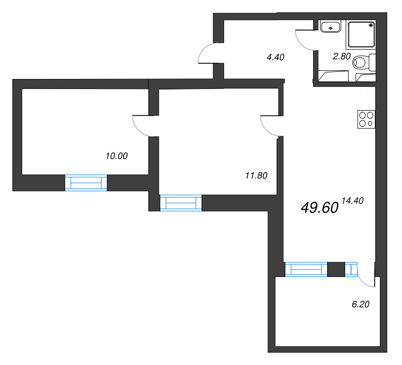 2-комнатная квартира, 45.3 м² в ЖК "Эко Квартал Нега" - планировка, фото №1