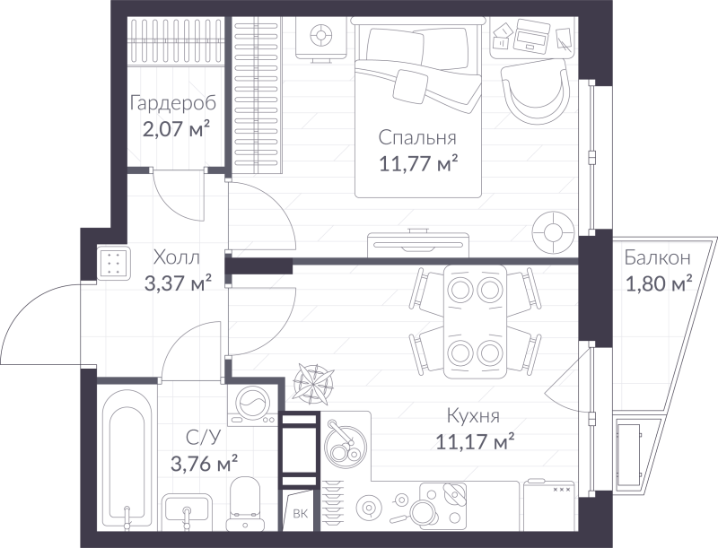 1-комнатная квартира, 32.68 м² в ЖК "VEREN NORT сертолово" - планировка, фото №1