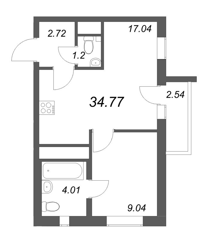 2-комнатная (Евро) квартира, 34.77 м² - планировка, фото №1