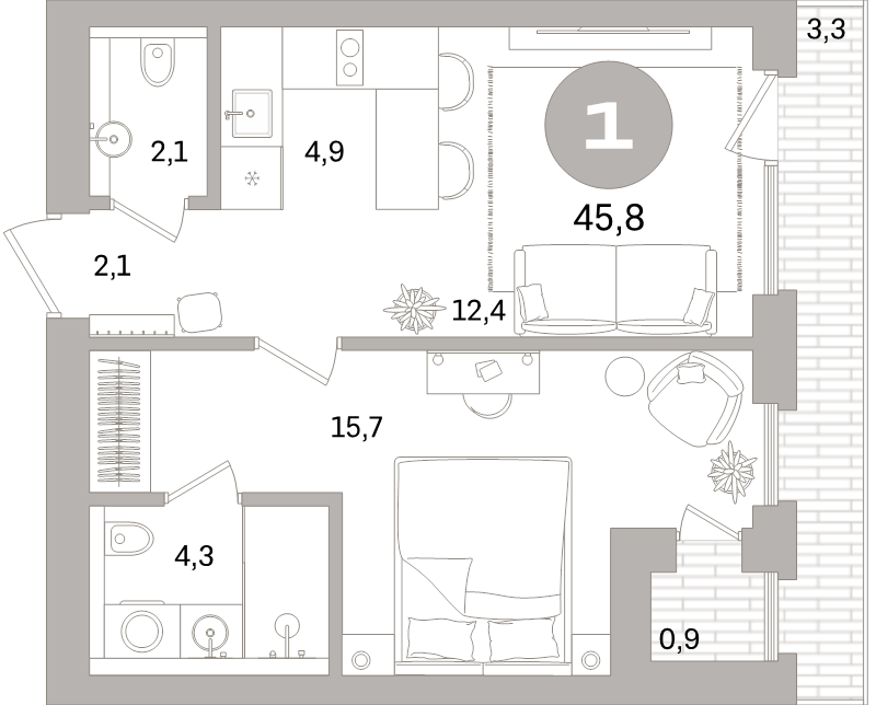 1-комнатная квартира, 45.8 м² в ЖК "Северный ветер" - планировка, фото №1