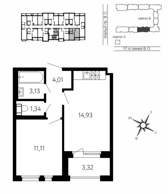 1-комнатная квартира, 36.18 м² в ЖК "17-я линия" - планировка, фото №1