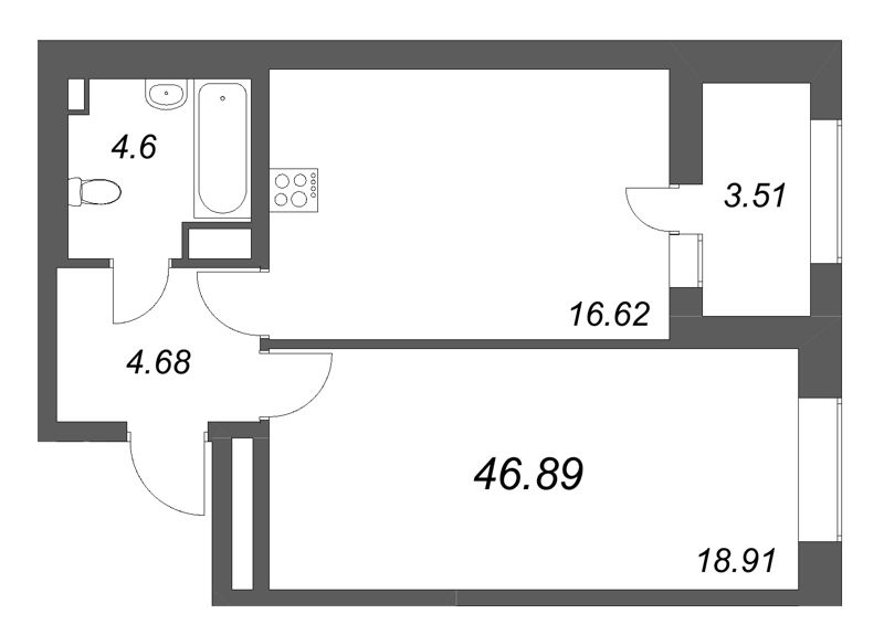 2-комнатная (Евро) квартира, 46.89 м² - планировка, фото №1