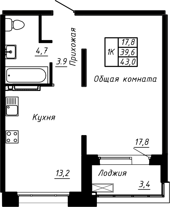 1-комнатная квартира, 43 м² в ЖК "Сибирь" - планировка, фото №1