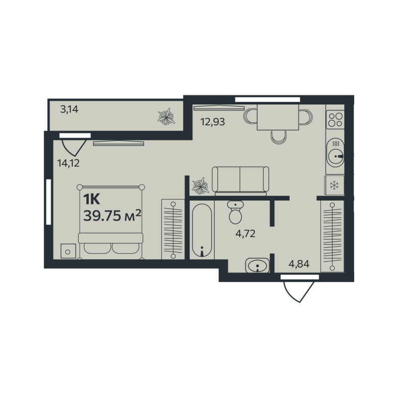 1-комнатная квартира, 39.75 м² в ЖК "Эдельвейс.Янино" - планировка, фото №1