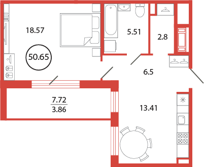 1-комнатная квартира, 50.65 м² в ЖК "Энфилд" - планировка, фото №1