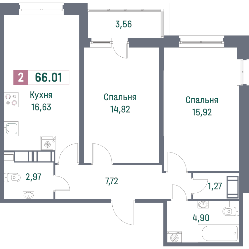 3-комнатная (Евро) квартира, 66.01 м² - планировка, фото №1