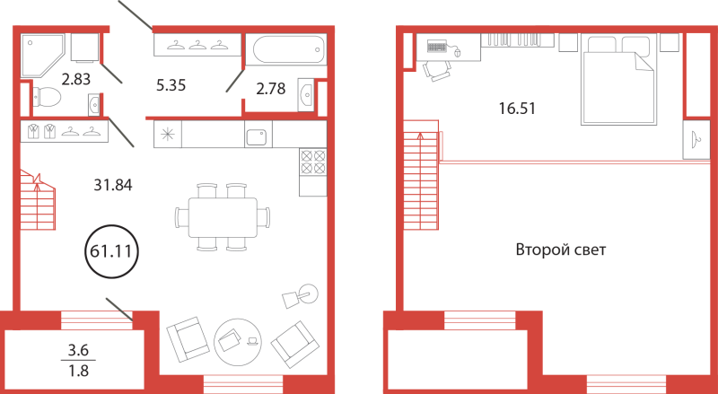 2-комнатная (Евро) квартира, 61.11 м² в ЖК "Энфилд" - планировка, фото №1