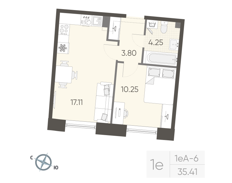 2-комнатная (Евро) квартира, 35.41 м² в ЖК "Бульвар Грина" - планировка, фото №1