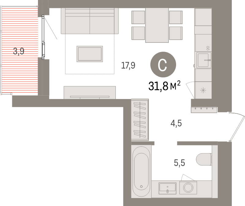 Квартира-студия, 31.8 м² в ЖК "Брусника в Новоселье" - планировка, фото №1