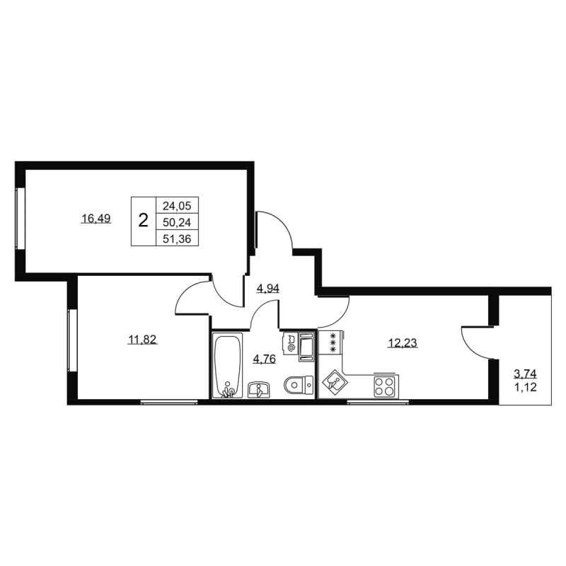 3-комнатная (Евро) квартира, 51.36 м² в ЖК "Пулковское, 34" - планировка, фото №1