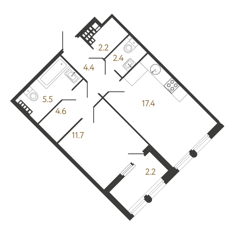 2-комнатная (Евро) квартира, 48.2 м² - планировка, фото №1