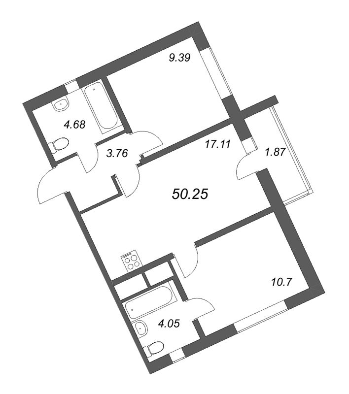 3-комнатная (Евро) квартира, 50.25 м² - планировка, фото №1