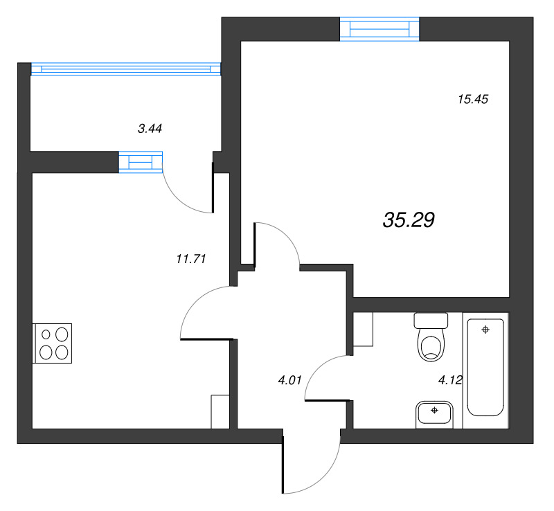 1-комнатная квартира, 35.29 м² в ЖК "ПАТИО. Уютный квартал" - планировка, фото №1