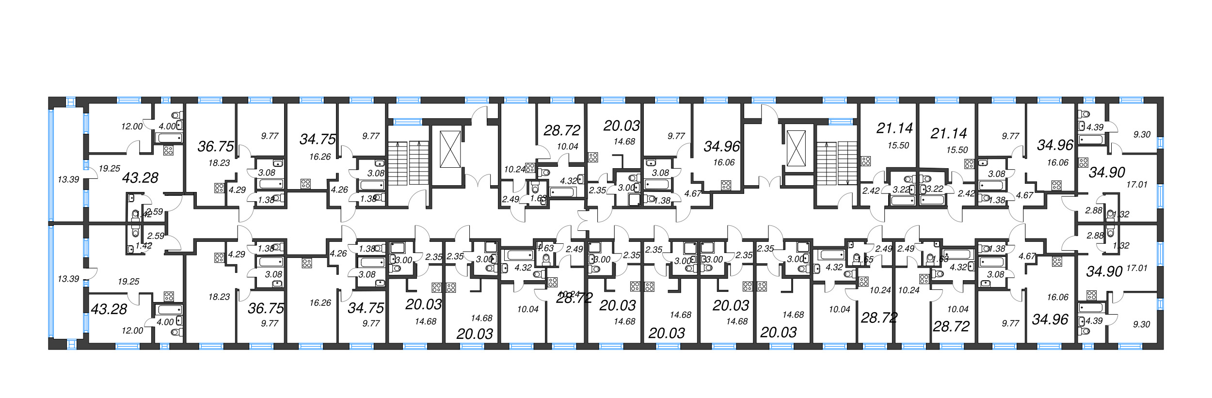 2-комнатная (Евро) квартира, 34.96 м² - планировка этажа