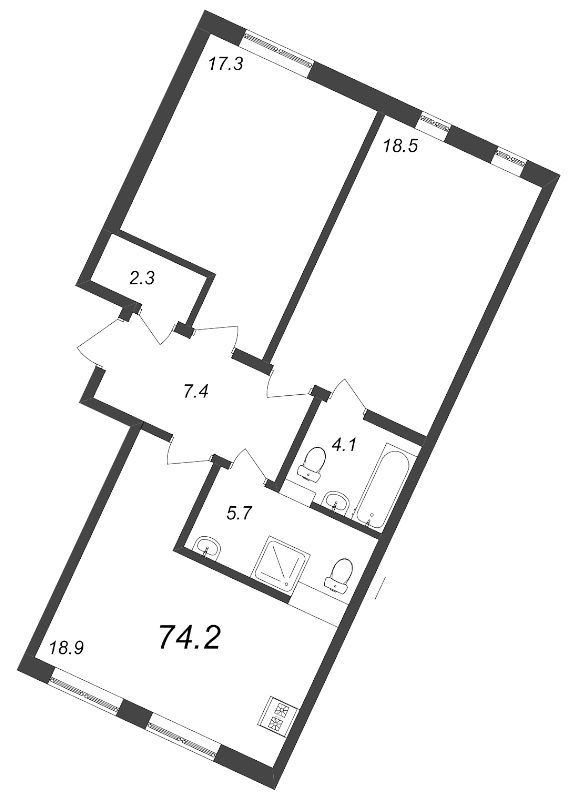 2-комнатная квартира, 74.2 м² - планировка, фото №1