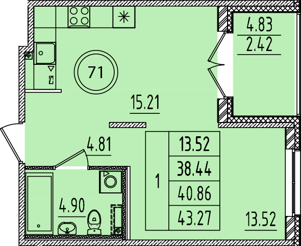 1-комнатная квартира, 38.44 м² в ЖК "Образцовый квартал 14" - планировка, фото №1