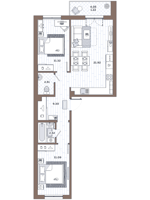 2-комнатная квартира, 59.88 м² - планировка, фото №1