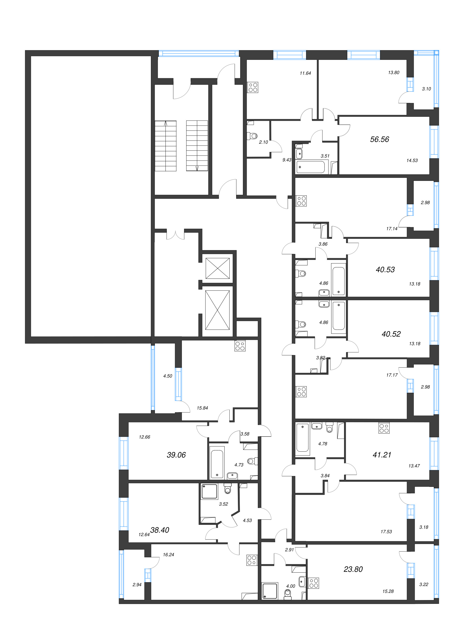 2-комнатная (Евро) квартира, 40.53 м² - планировка этажа