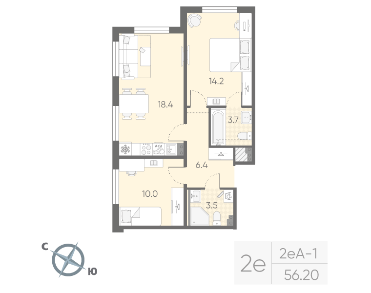 3-комнатная (Евро) квартира, 56.2 м² в ЖК "Пулково Lake" - планировка, фото №1