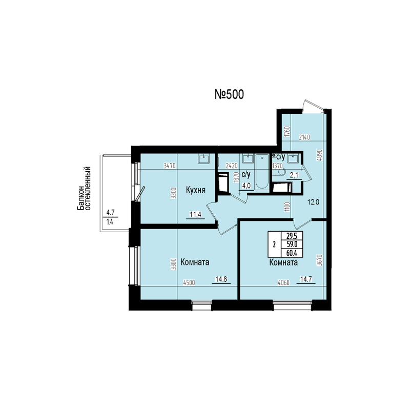 2-комнатная квартира, 60.4 м² в ЖК "ПРАГМА СИТИ" - планировка, фото №1