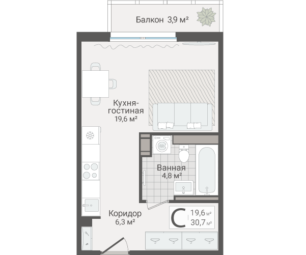 Квартира-студия, 30.7 м² в ЖК "Руднева 15" - планировка, фото №1