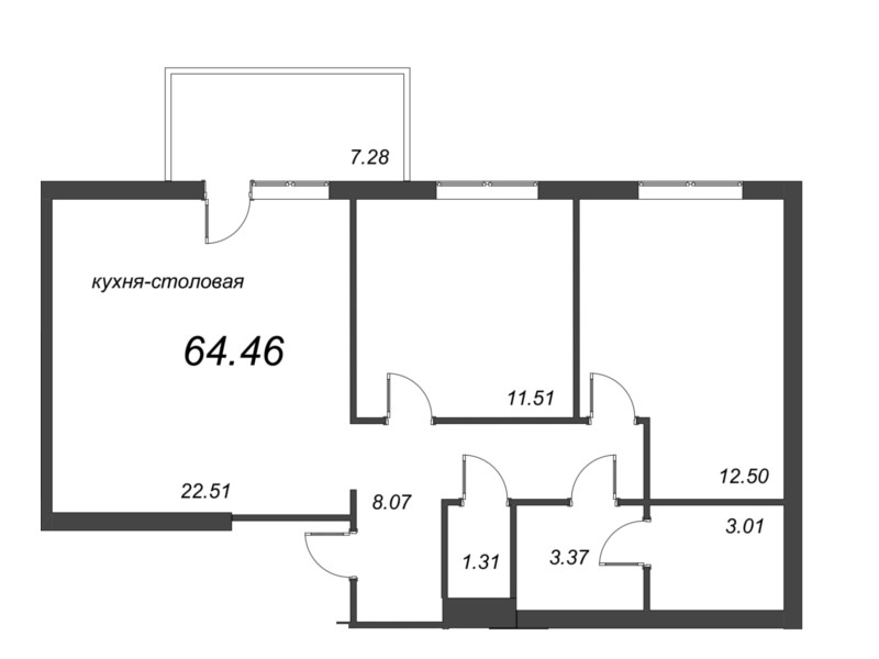 3-комнатная (Евро) квартира, 64.66 м² в ЖК "Grona Lund" - планировка, фото №1