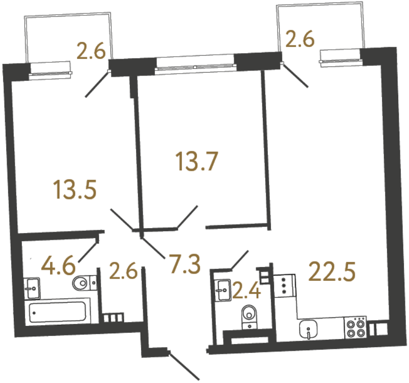 3-комнатная (Евро) квартира, 66.6 м² в ЖК "Цвет Зеленогорска" - планировка, фото №1