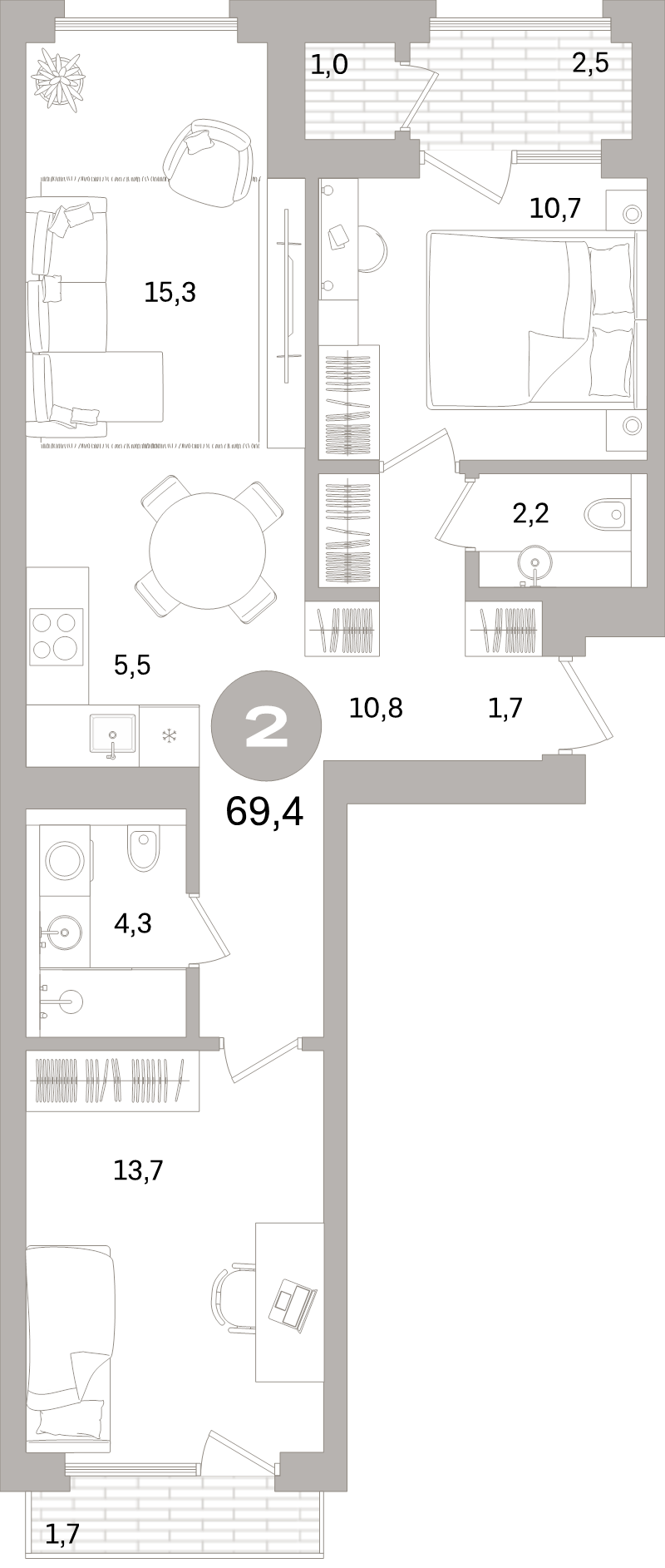 3-комнатная (Евро) квартира, 69.4 м² в ЖК "Северный ветер" - планировка, фото №1