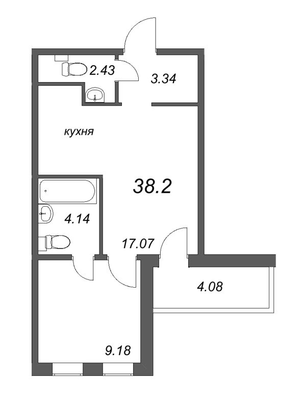2-комнатная (Евро) квартира, 38.2 м² - планировка, фото №1