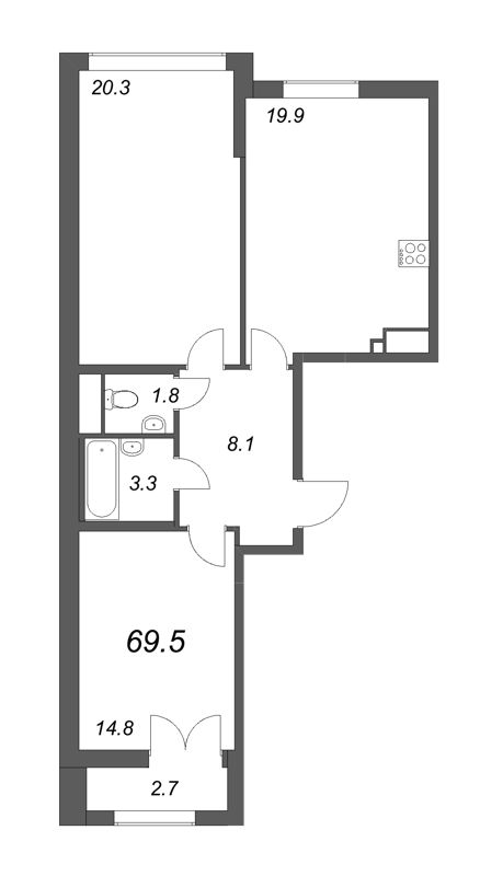 3-комнатная (Евро) квартира, 69.5 м² - планировка, фото №1