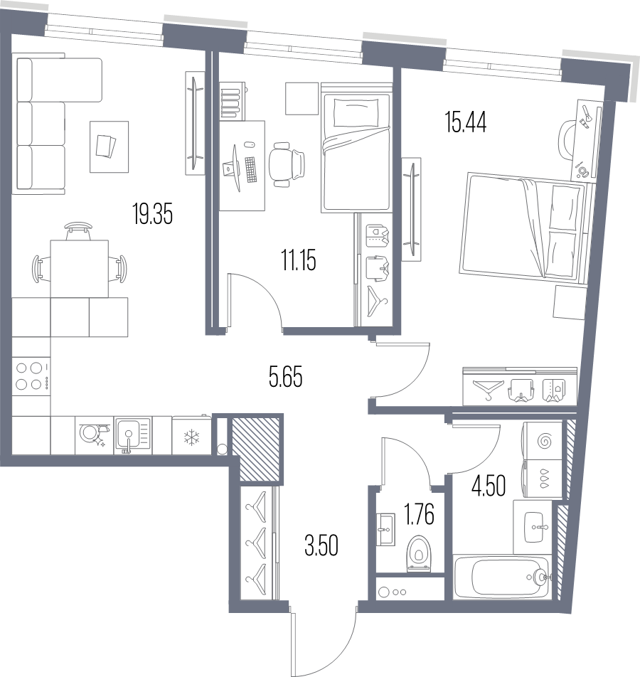 3-комнатная (Евро) квартира, 61.35 м² в ЖК "Легенда Васильевского" - планировка, фото №1