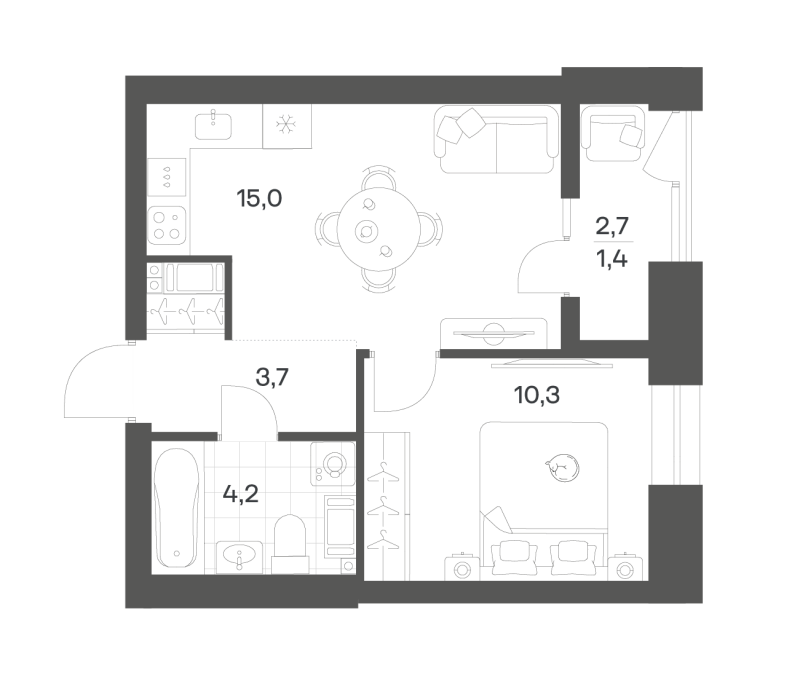 2-комнатная (Евро) квартира, 34.54 м² в ЖК "Новый Питер" - планировка, фото №1