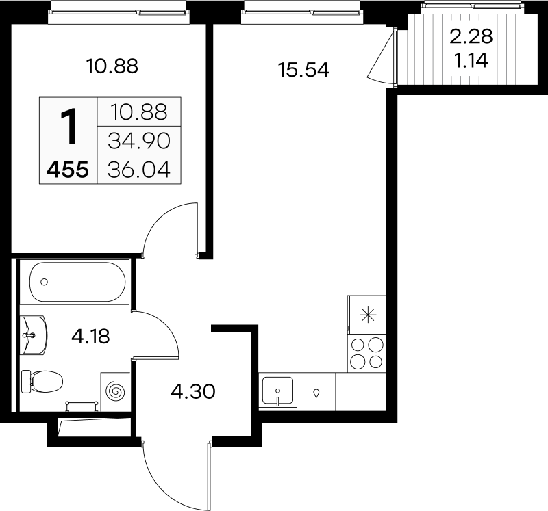 2-комнатная (Евро) квартира, 36.04 м² - планировка, фото №1