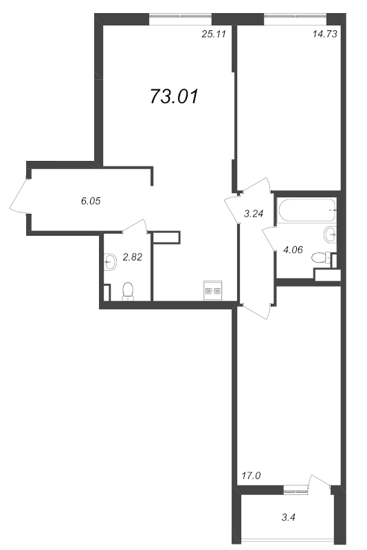3-комнатная (Евро) квартира, 73.01 м² - планировка, фото №1