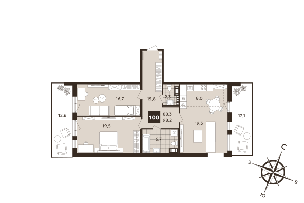 3-комнатная (Евро) квартира, 88.3 м² в ЖК "Дом на Бронницкой" - планировка, фото №1