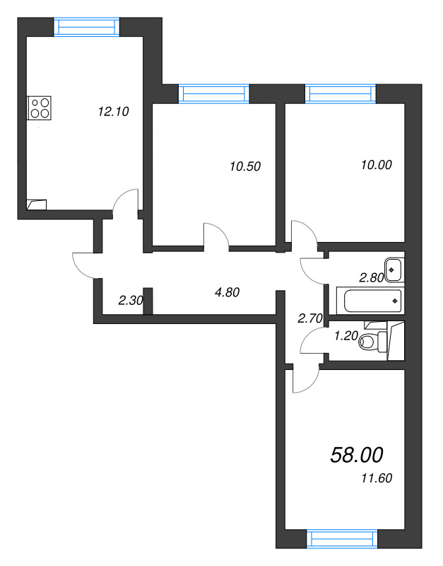 3-комнатная квартира, 58 м² - планировка, фото №1