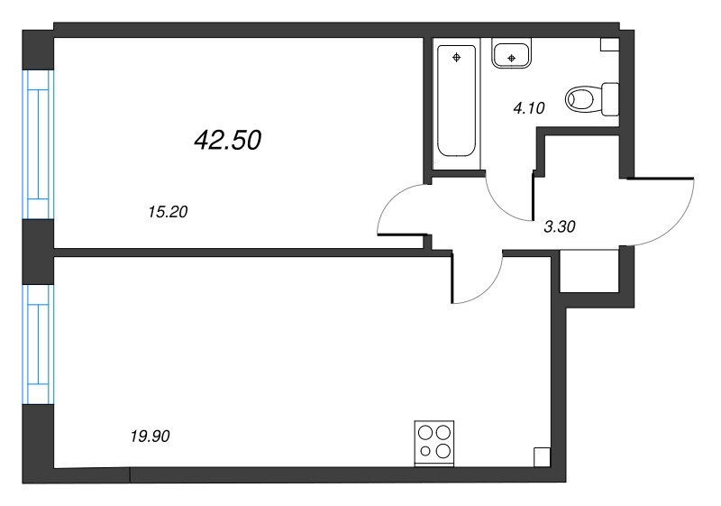 2-комнатная (Евро) квартира, 42.5 м² в ЖК "Измайловский" - планировка, фото №1