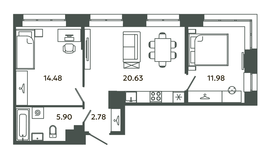 3-комнатная (Евро) квартира, 55.77 м² в ЖК "Загляденье" - планировка, фото №1