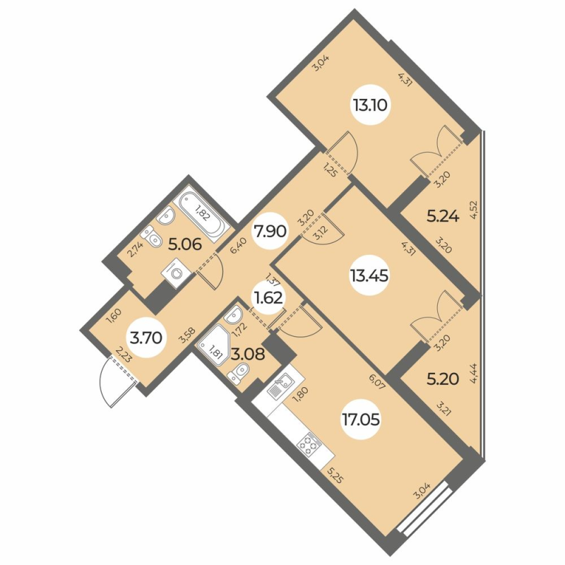 3-комнатная (Евро) квартира, 70.18 м² в ЖК "Огни Залива" - планировка, фото №1