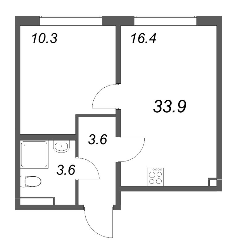 2-комнатная (Евро) квартира, 33.9 м² в ЖК "Пулково Лейк" - планировка, фото №1