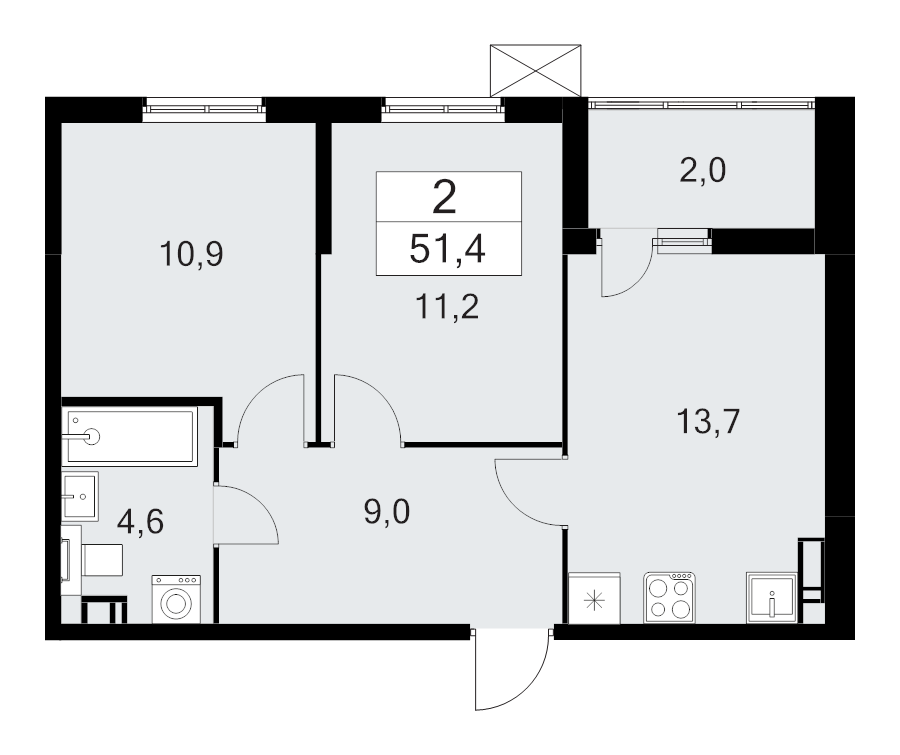 2-комнатная квартира, 51.4 м² в ЖК "А101 Лаголово" - планировка, фото №1