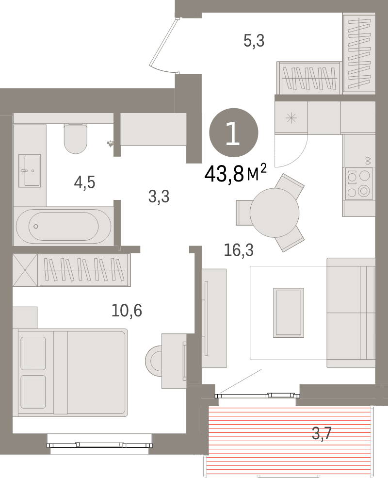 2-комнатная (Евро) квартира, 43.8 м² - планировка, фото №1
